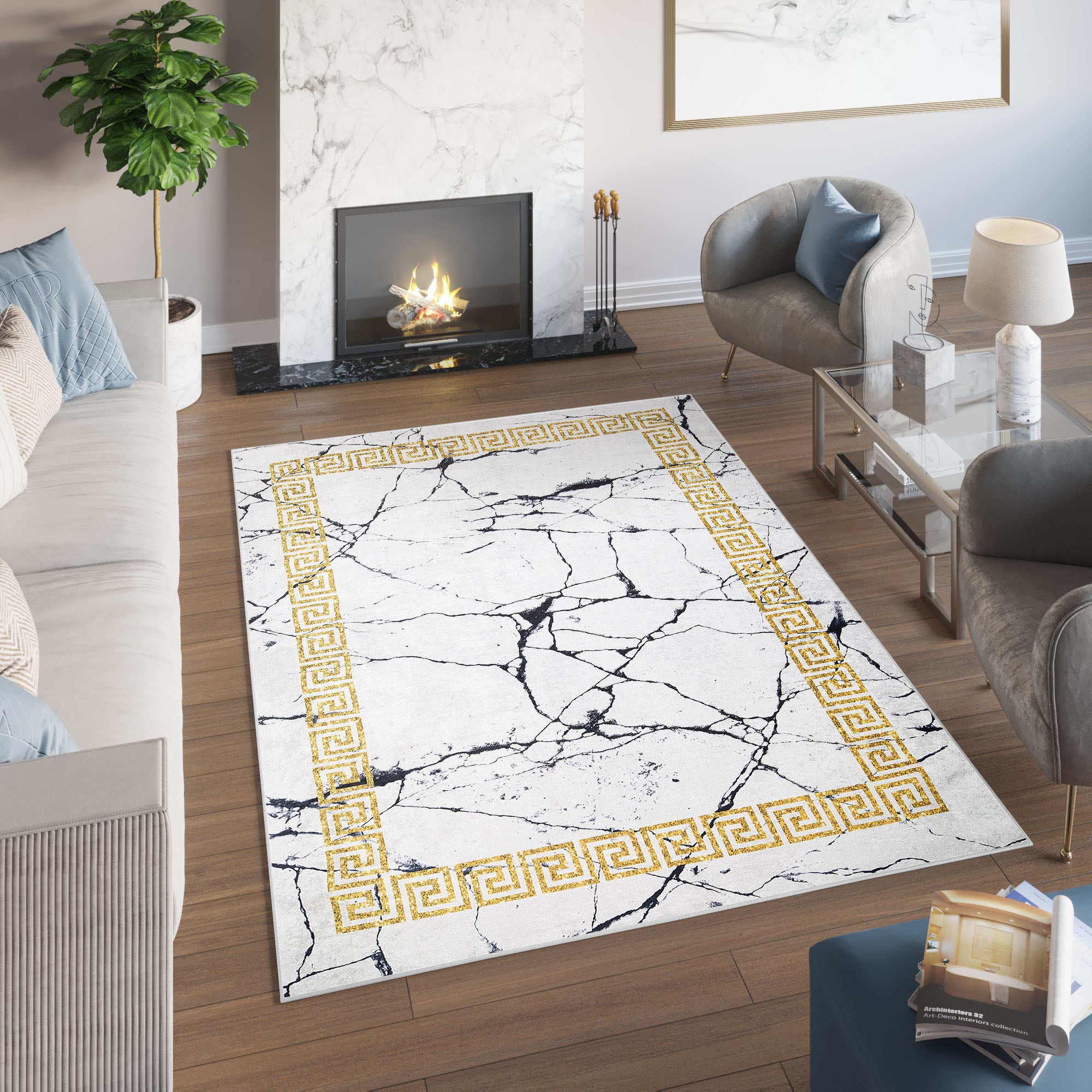 Tapiso toscana alfombra antideslizante de salón moderno blanco dorado negro impreso sin pelo 140 x 200 cm