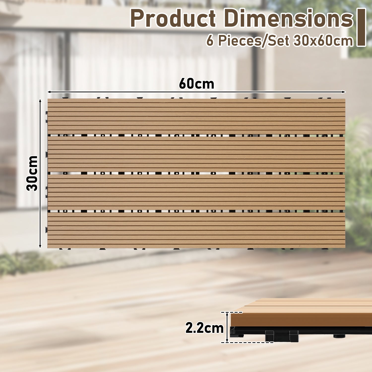 Płytki tarasowe WPC z drewna tekowego 30 × 60 cm – 4 listwy, podłoga zewnętrzna, zestaw 18 sztuk, 3 m²