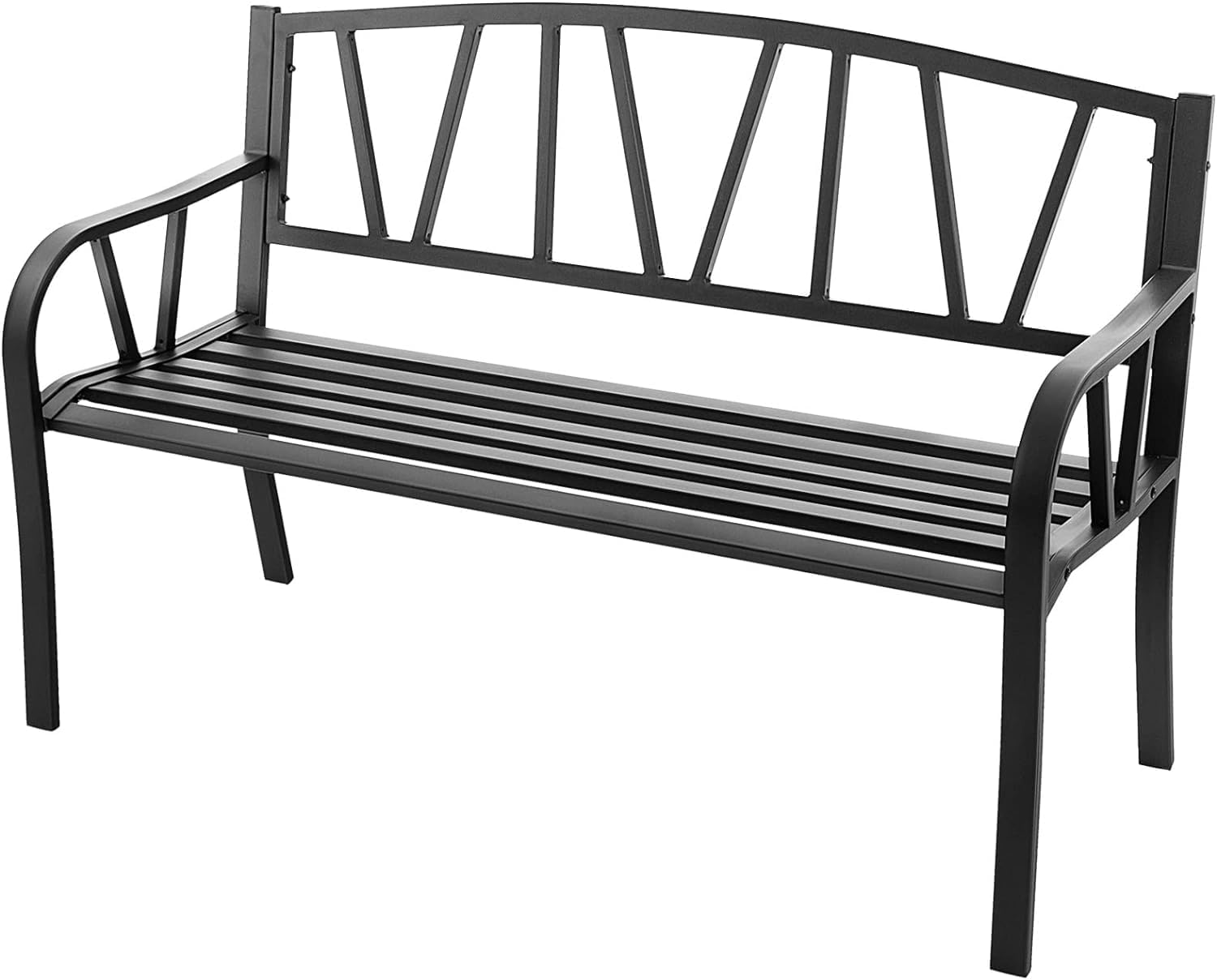 Ławka Ogrodowa dla 2-3 Osób, Metalowa Ławka Parkowa z Wysokim Oparciem i Zaokrąglonymi Podłokietnikami, Nośność 300 kg, 128 x 57 x 86 cm, Czarna