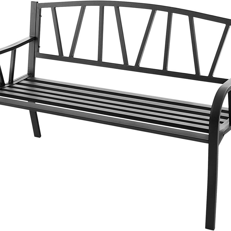 Ławka Ogrodowa dla 2-3 Osób, Metalowa Ławka Parkowa z Wysokim Oparciem i Zaokrąglonymi Podłokietnikami, Nośność 300 kg, 128 x 57 x 86 cm, Czarna