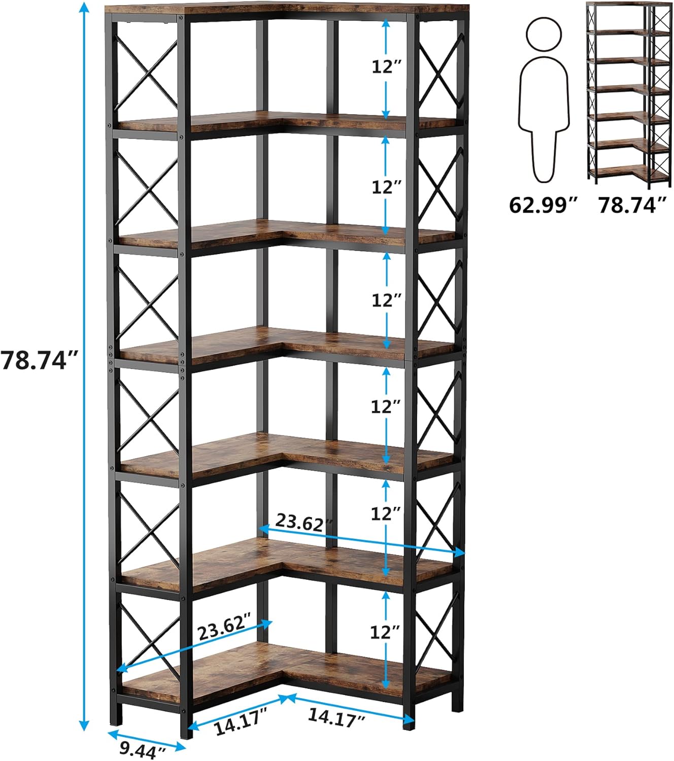 Scaffale Angolare Tribesigns A 7 Ripiani - Alto 200cm, In Legno, Per Soggiorno, Cucina O Ufficio, Design Industriale
