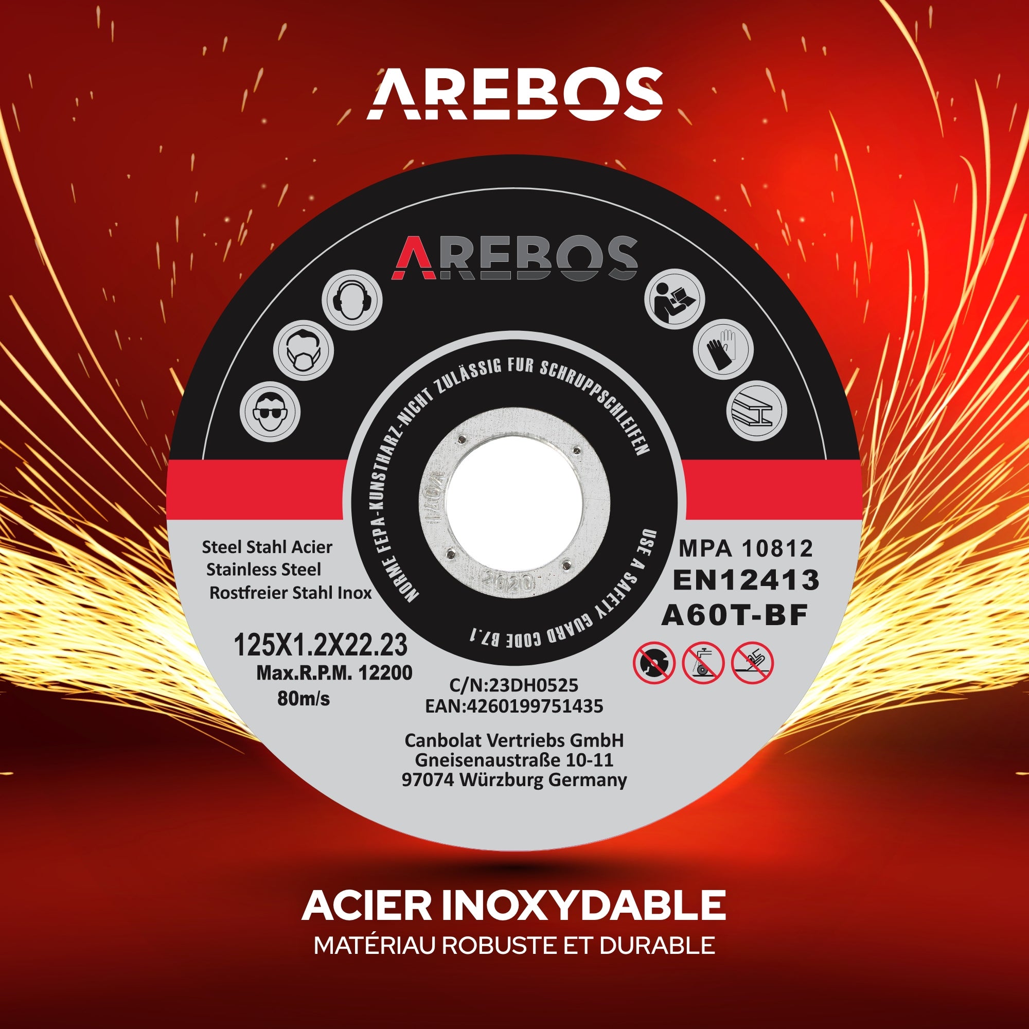 AREBOS 50x 125 mm Meule à tronçonner Fer, Métal, Acier, Inox, Aluminium (125 x 1,2 x 22,2 mm) Disques à tronçonner 125 pour Meuleuse d'Angle - 3