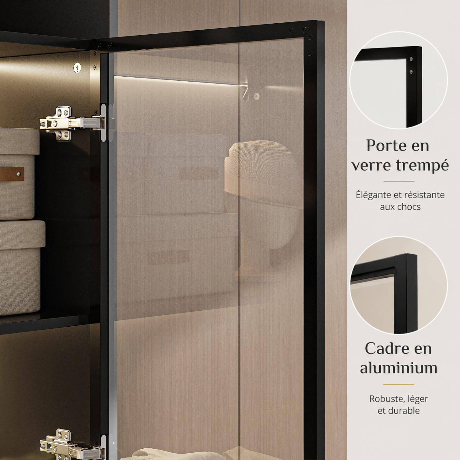 Vitrine à Lumières LED 3 couleurs, Armoire pour Collection avec 2 Portes en Verre, 5 étagères, Bureau et Salon, 80x36x200, Noir - 4