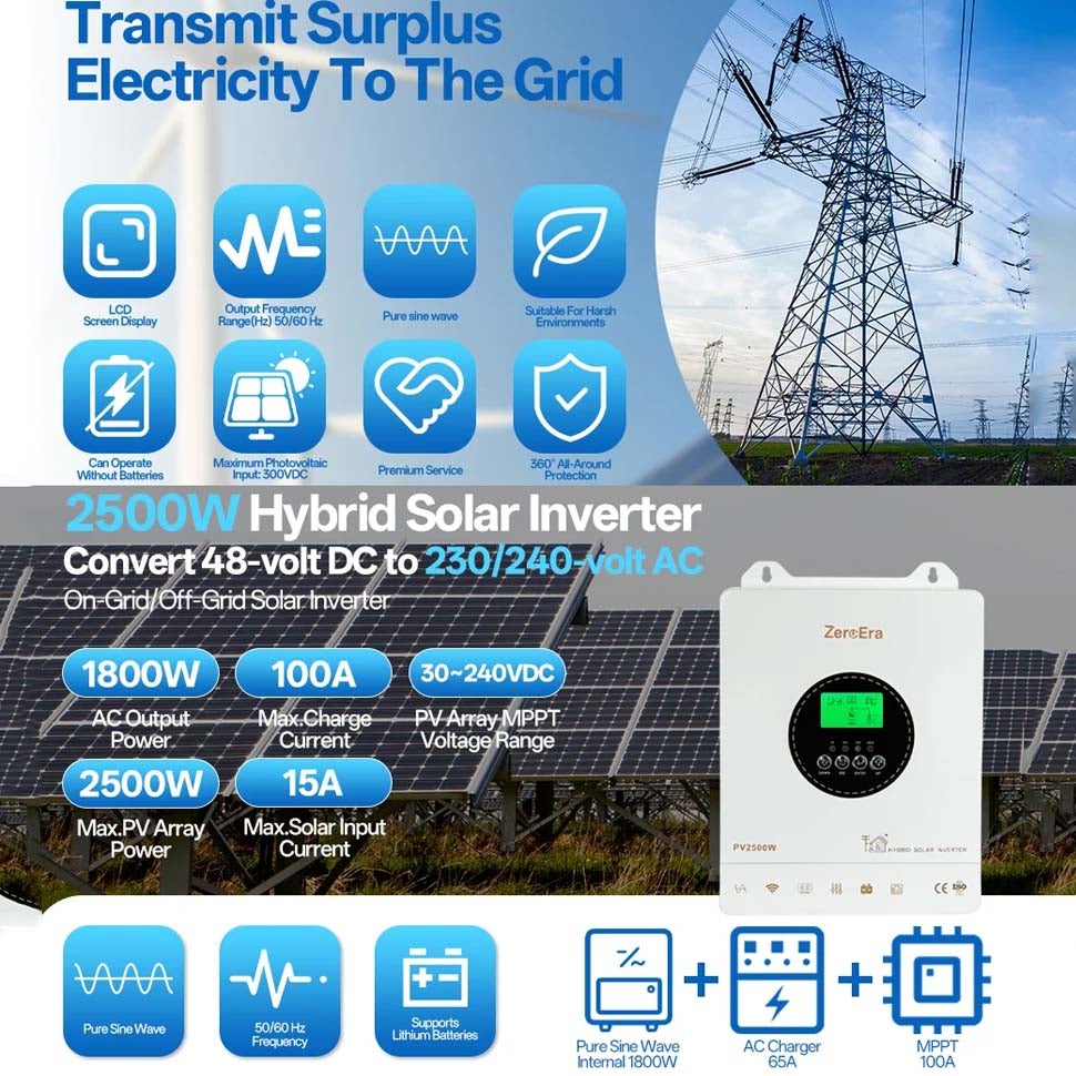 NICOLA Inversor Híbrido 12V 1800W Onda Pura Solar MPPT Integrado Conversor 12V DC 230V AC Sem Bateria para Casa Camping Energia Solar - 8