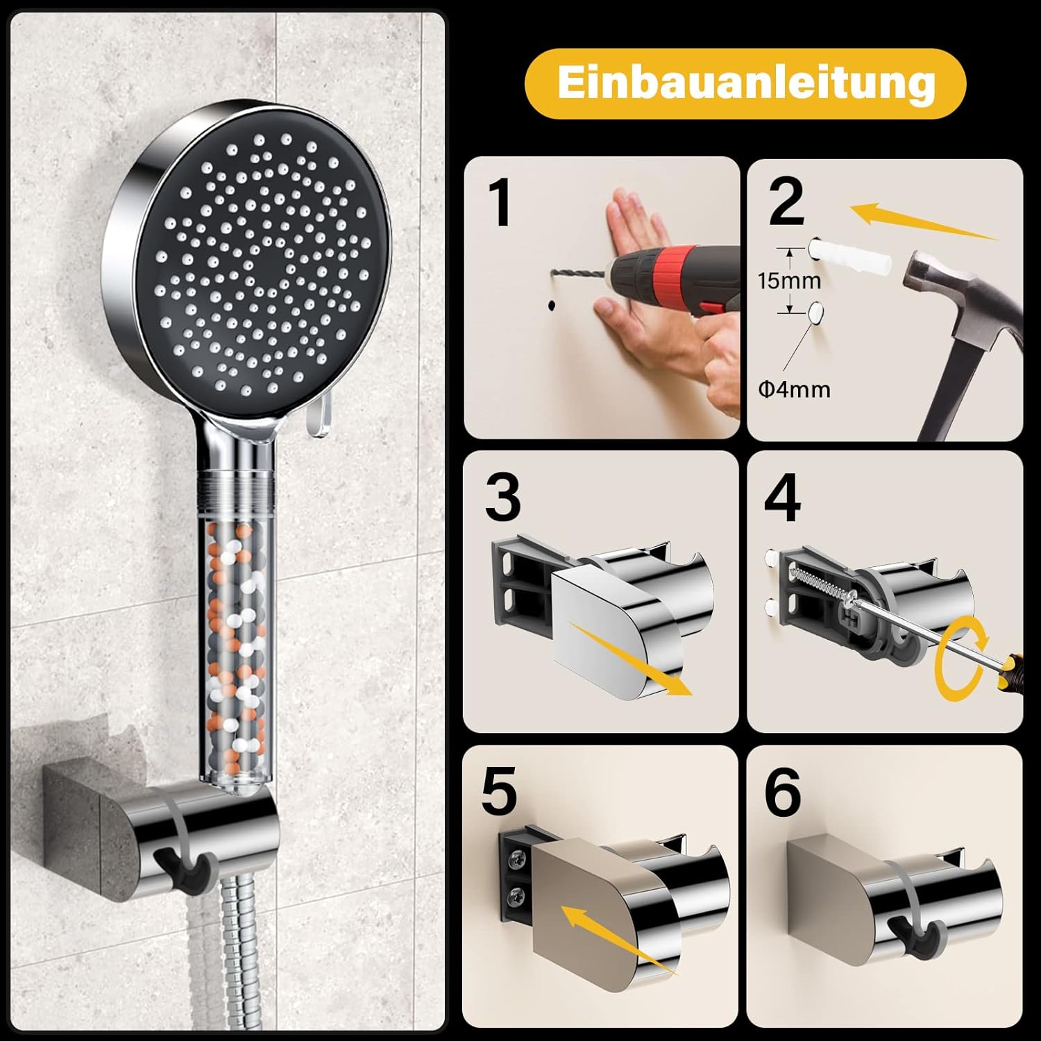 Support de pomme de douche avec matériel de fixation, support mural avec vis, finition chromée, compatible avec la plupart des flexibles de douche. - 2