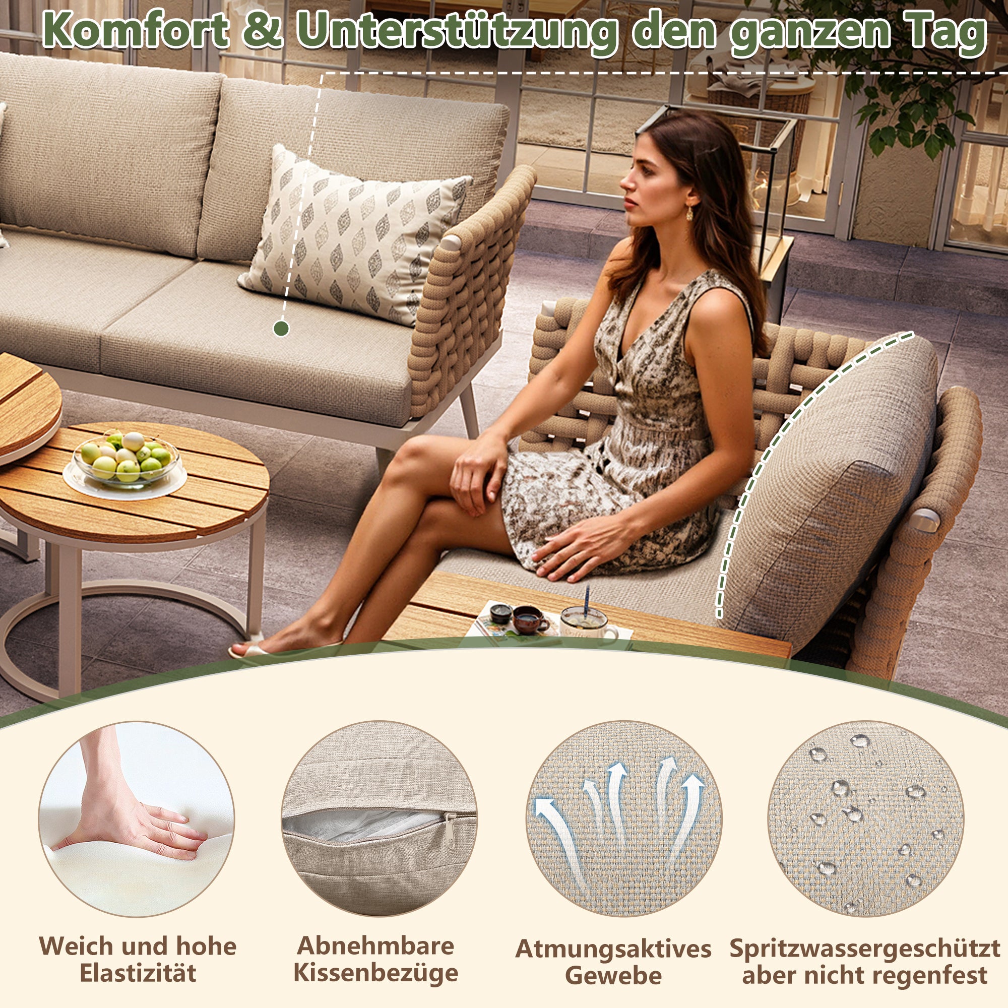 Salon de Jardin Exterieur pour 6 places,avec 2 tables basses en bois,Canapé d'angle extérieur en forme de L,avec coussin,Main courante tressée, Beige - 8