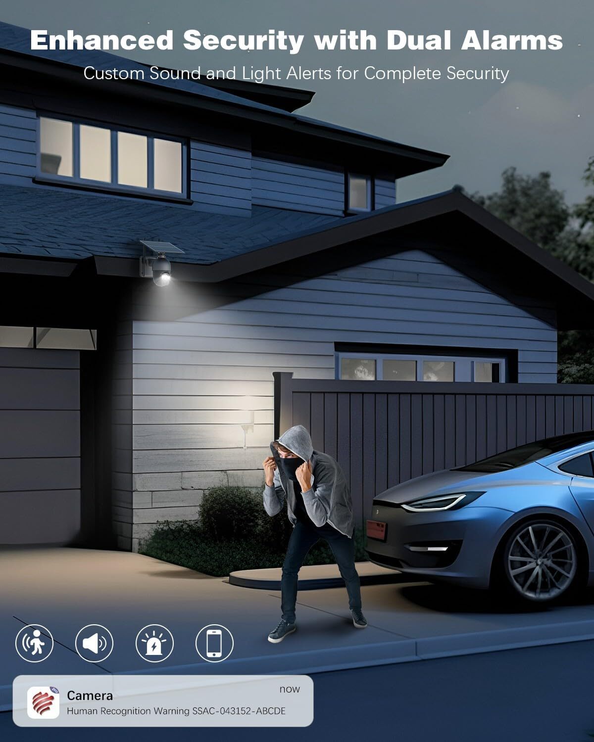 Caméra de surveillance sans fil Ctronics 5MP extérieure, panneau solaire 6W, alarme sonore et lumineuse, contrôle à distance via PC/téléphone, FTP - 5