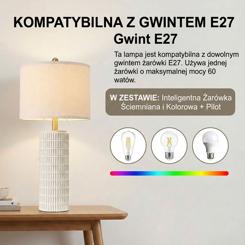Zestaw 2 lamp stołowych ceramiki lampy stołowe pilot zdalnego sterowania i żarówka E27 do salonu,lampki nocne LED i lnianym kloszem dekoracji - 5