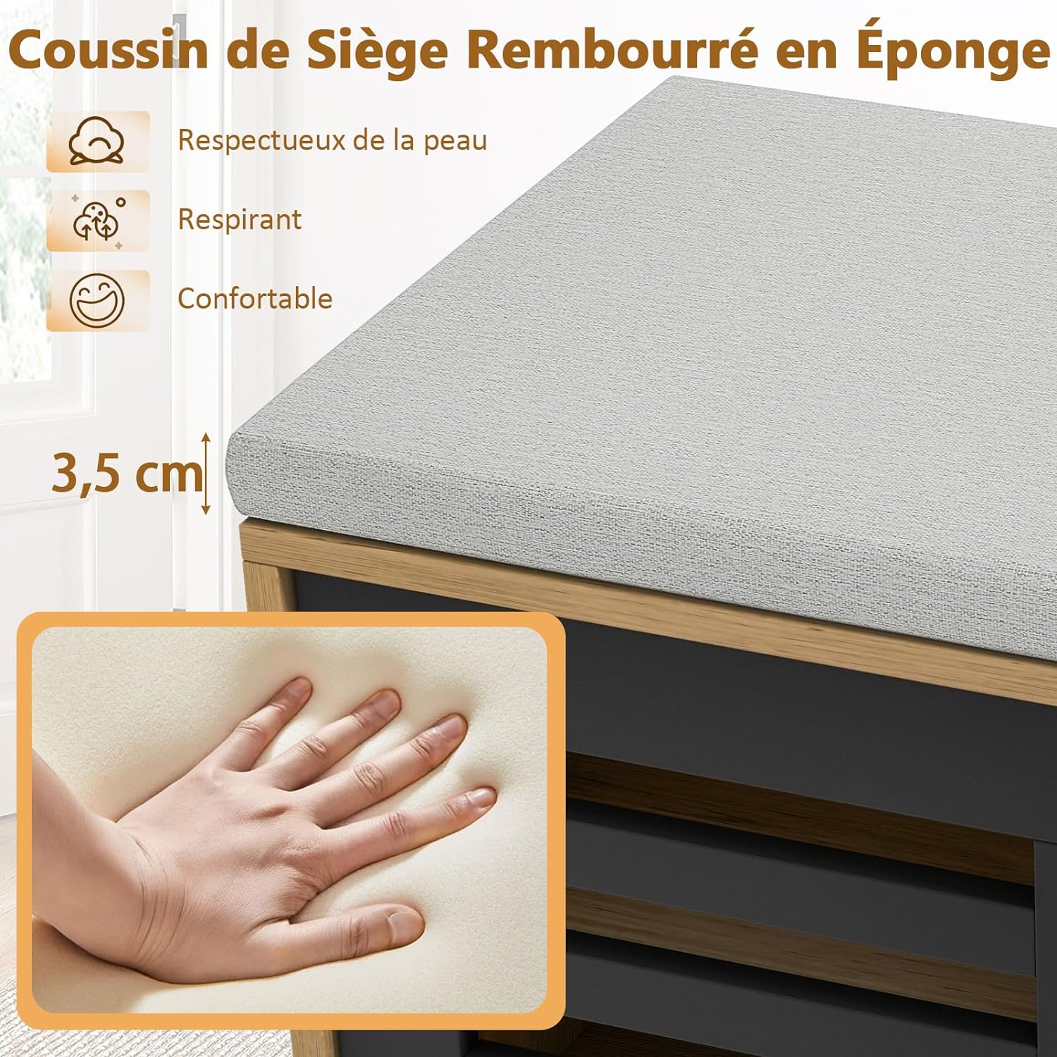 Panca Scarpiera con 6 Scomparti e 3 Ripiani Regolabili, Panca Porta Scarpe con Cuscino, Scarpiera con 2 Ante Scorrevoli, Mobile Scarpe per Ing - 3