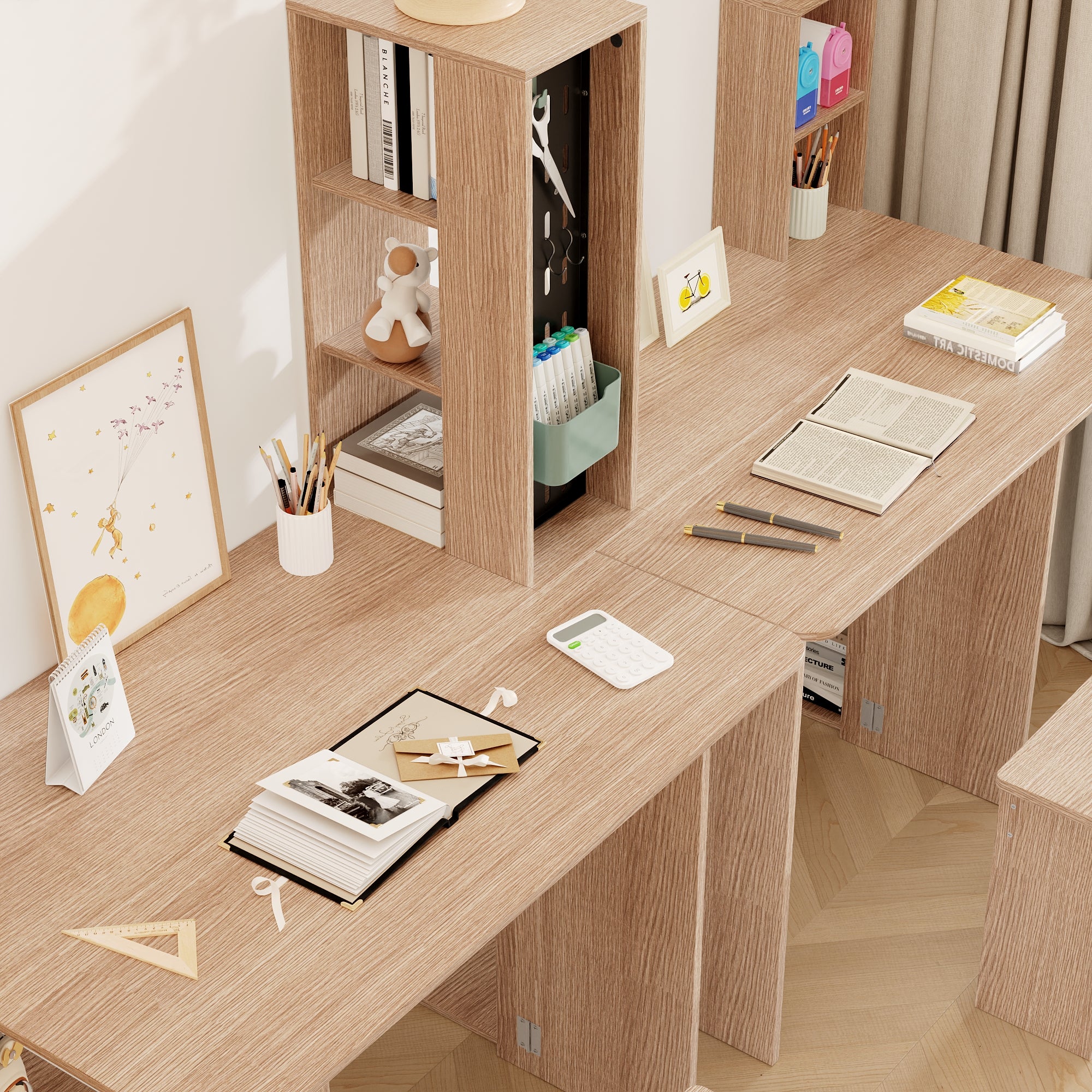 Bureau de Tables Pliables Double avec Etagères, 2 Chaises fournies, Bureau, 180x60x130, Chêne - 4