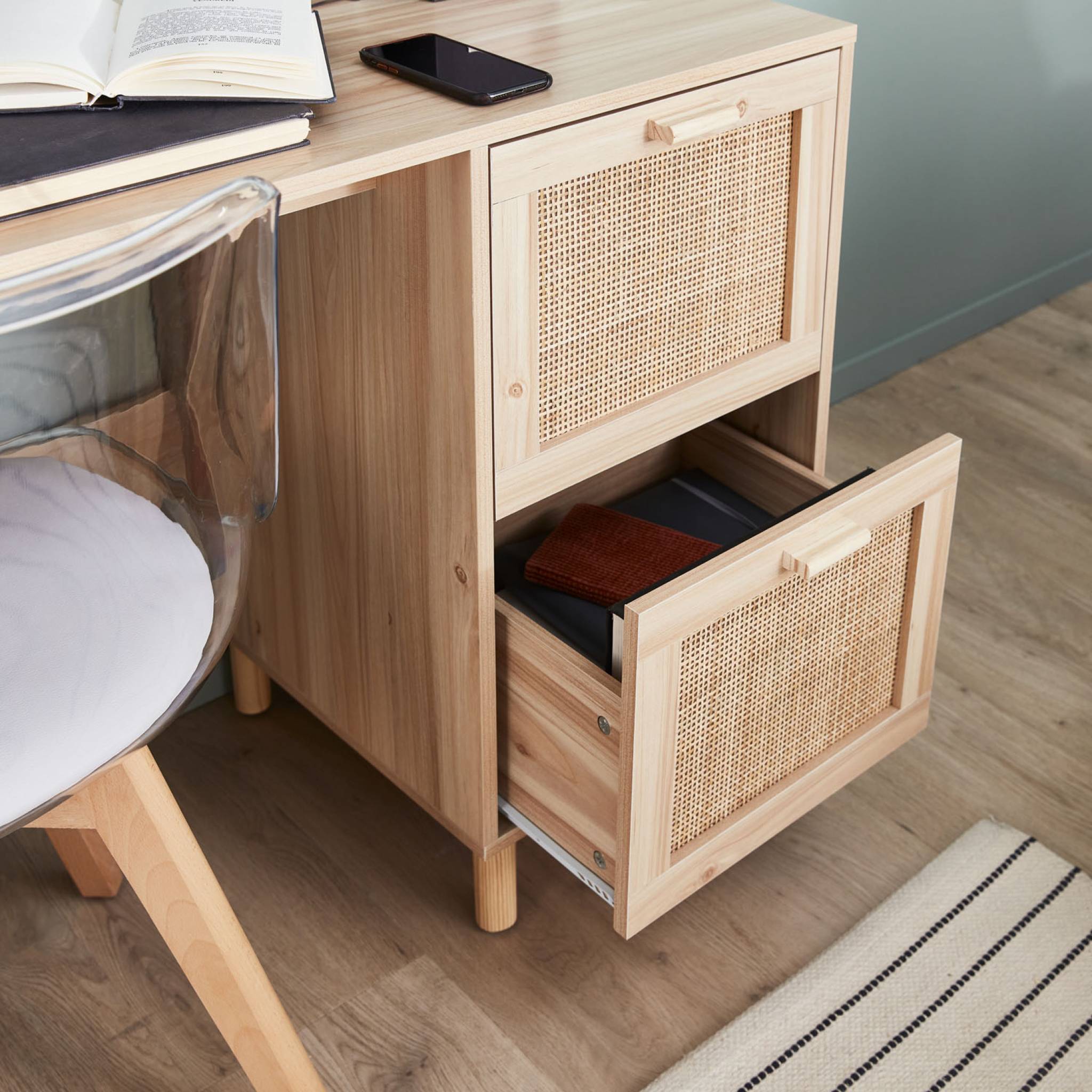 Bureau décor bois et cannage - Camargue - 120cm. 2 tiroirs - 3