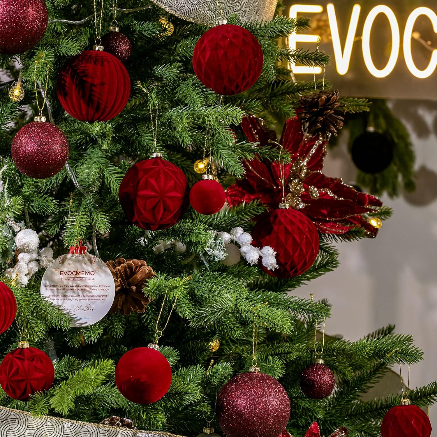 12pcs boules de Noël floquées, ensemble de décoration d'ampoule de Noël, boules en plastique, décorations suspendues pour arbre de Noël - rouge - 5