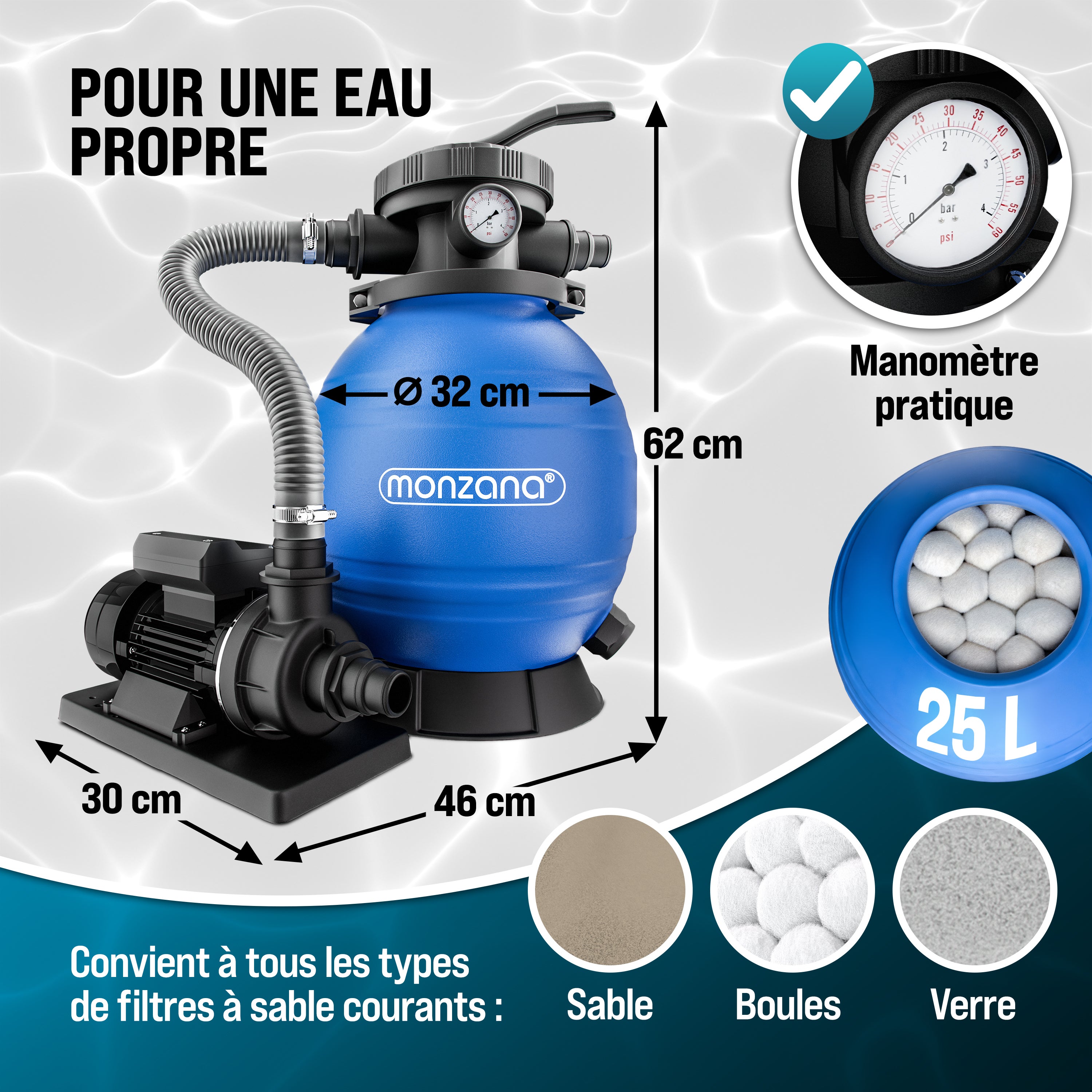 MONZANA® Pompe filtre à sable 10,2m³ auto-amorçante piscines jusqu’à 35m³ certifié TÜV vanne 7 voies raccord 2en1 Ø32-38mm système filtration sable - 6