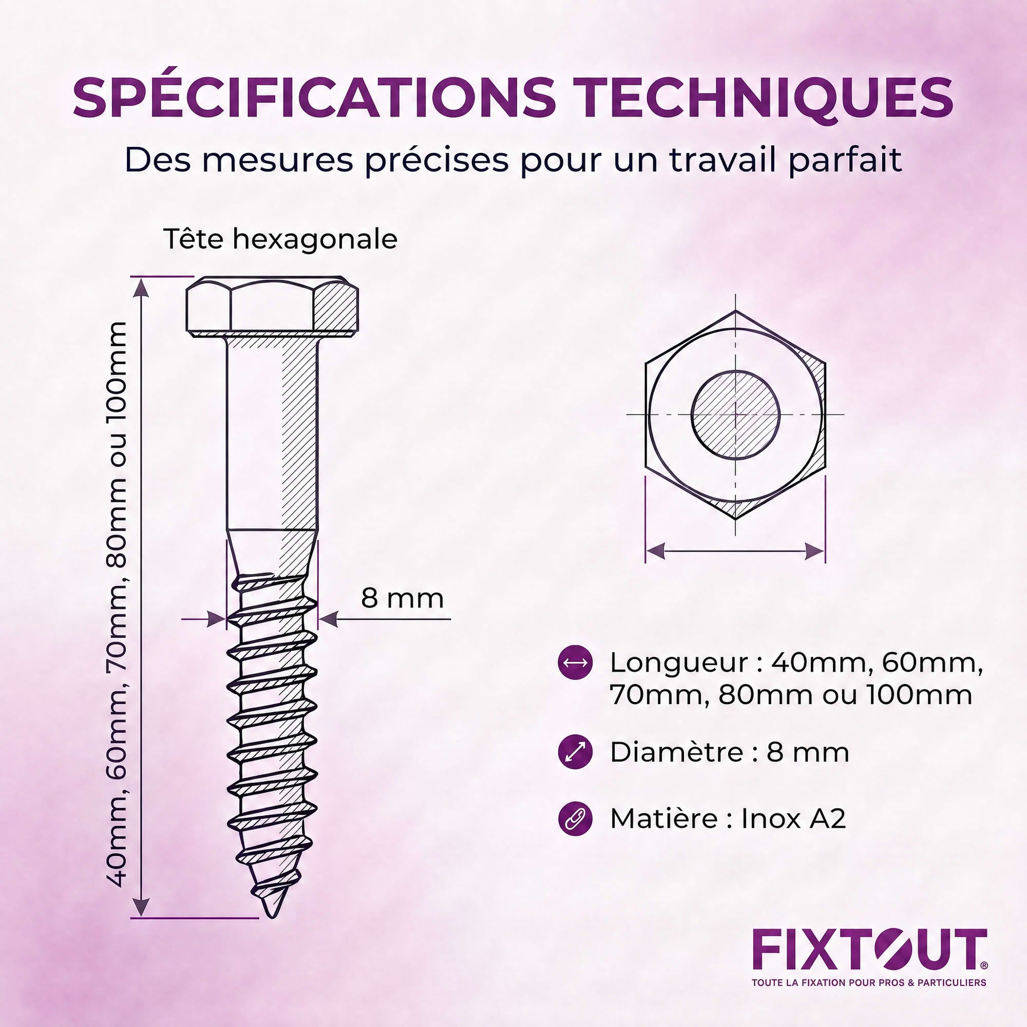 Lot de 100 Tirefonds en acier inoxydable A2 - DIN 571 - Tête Hexagonale - Diamètre 8 mm - Longueur 100 mm - Diamètre 8 mm - 2