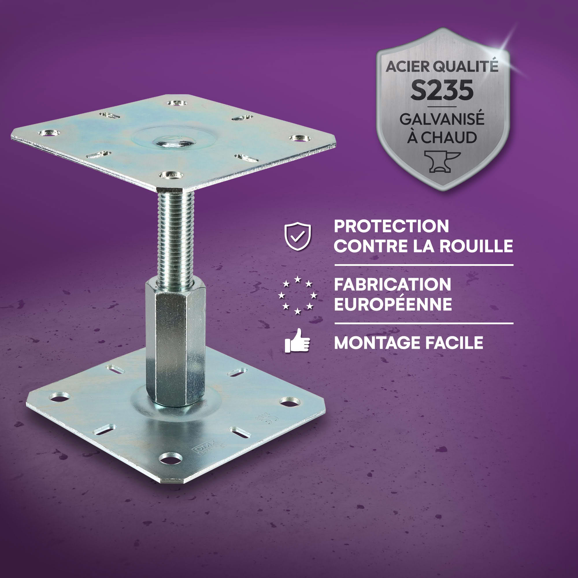 Embase pied de poteau réglable - Platine 130x130mm - M20 - Acier galvanisé à chaud - Ht de 100 à 150 mm - Fabrication Europe - 4
