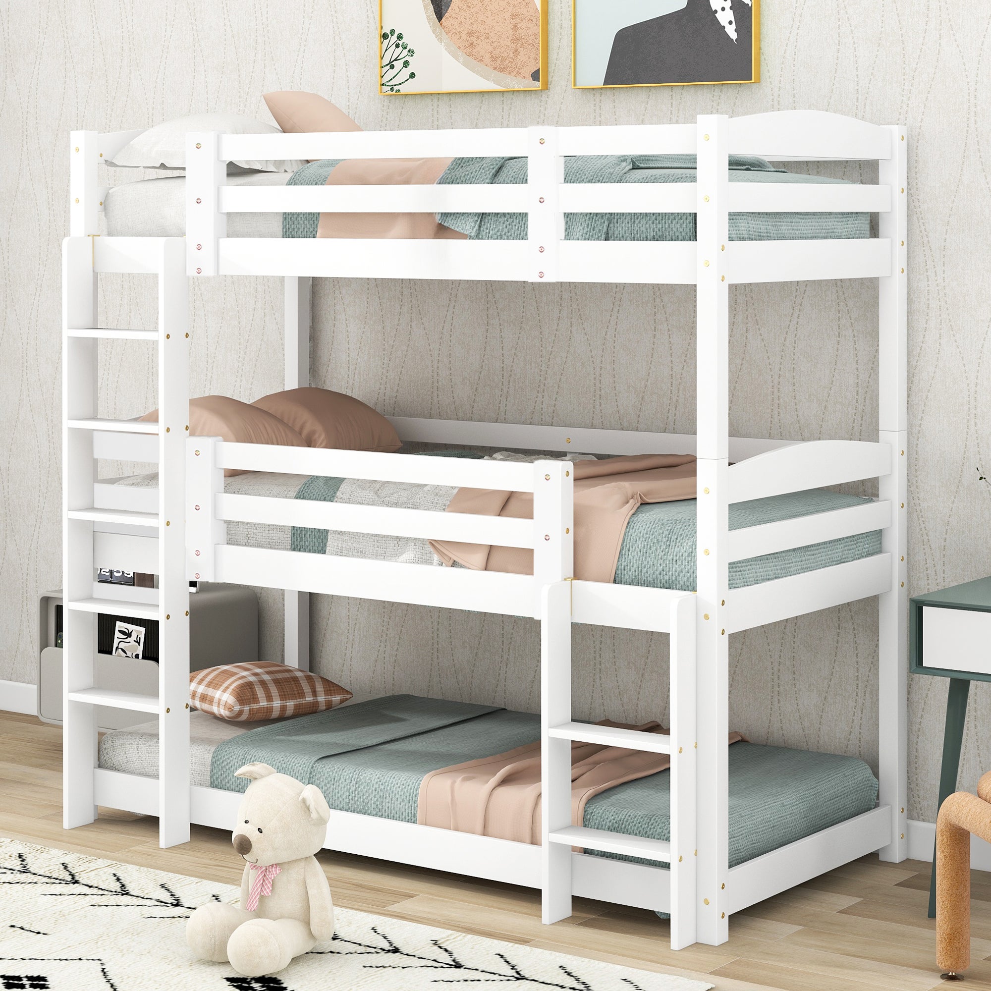 Lit superposé triple avec échelle et barrière de protection - 90x200cm - bois massif - Blanc - 2