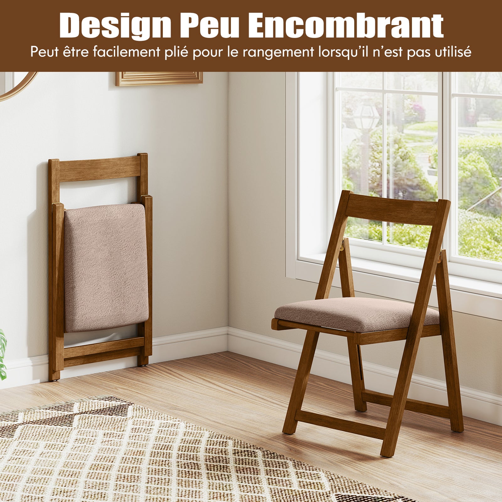 Lot de 2 Chaise Pliante avec Dossier Courbé, Chaises de Salle à Manger Rembourrées, Structure en Bois de Caoutchouc, pour Salon, Charge 150 kg, Café - 4