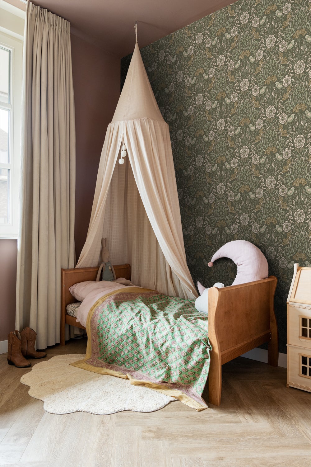 Papier peint fleurs et oiseaux vert foncé - 53 cm x 10.05 m - ESTAhome - 6