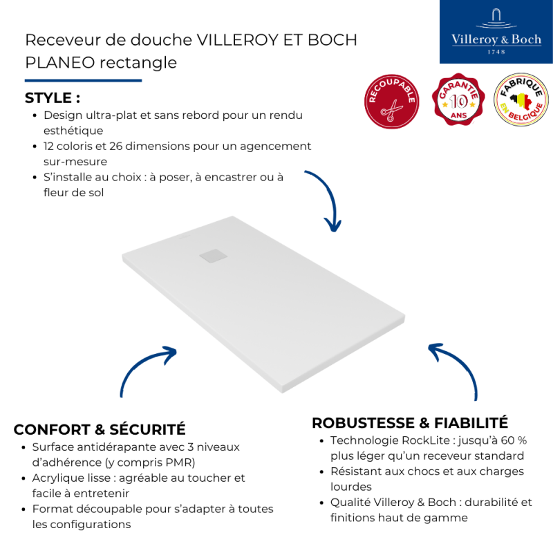 Receveur 140 x 100 VILLEROY ET BOCH Planeo acrylique rectangle blanc - 3