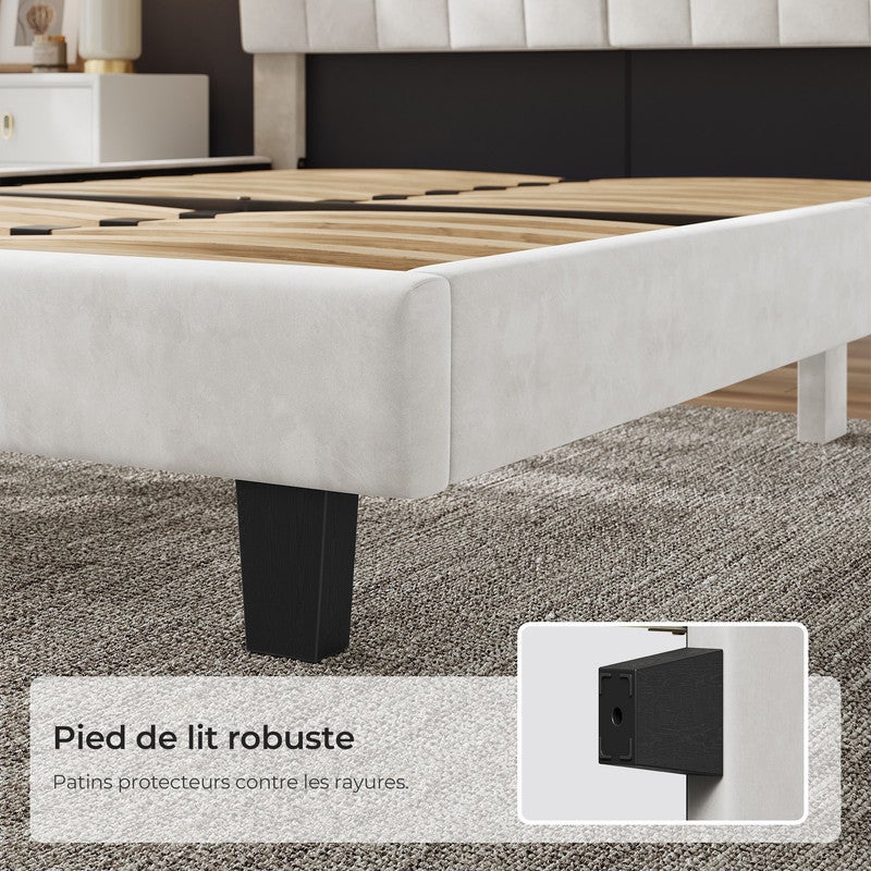 Lit 140x190 cm HavenlyHome, Lit Capitonné en Velours avec Tête de Lit et Sommier à Lattes, Lit Adulte pour 2 Personnes, Beige - 6
