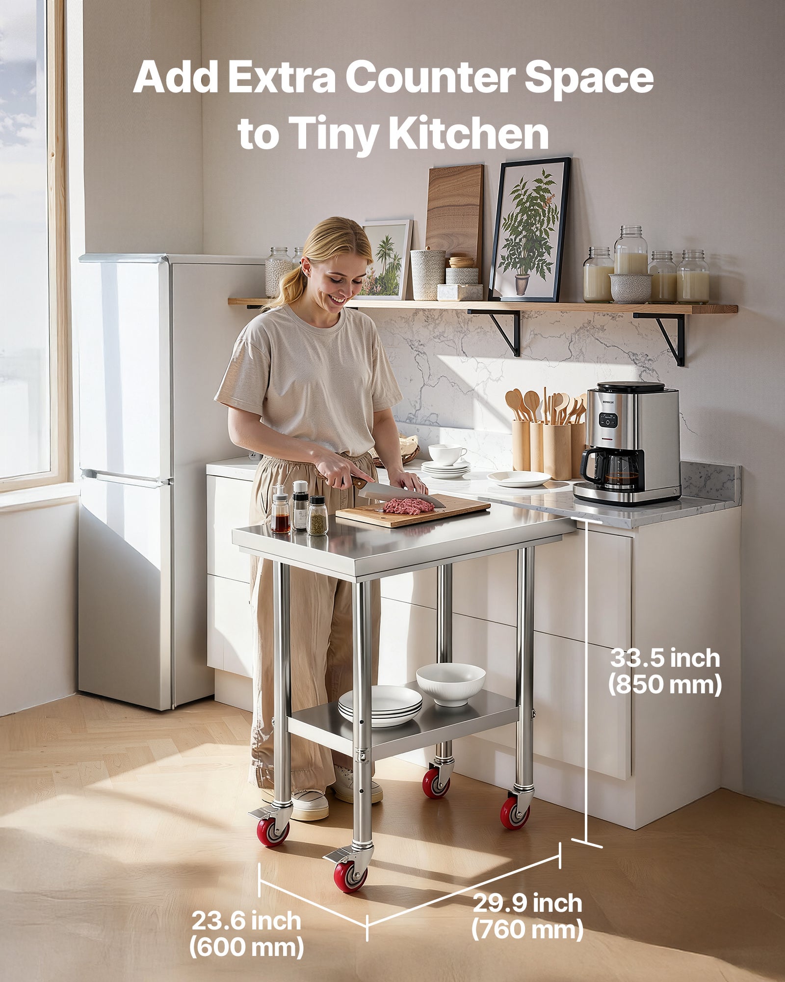 Tavolo da lavoro VEVOR acciaio inox 76x60 cm, con ruote e ripiano regolabile, per preparazione alimenti, cucina professionale, ristorante, hotel - 2