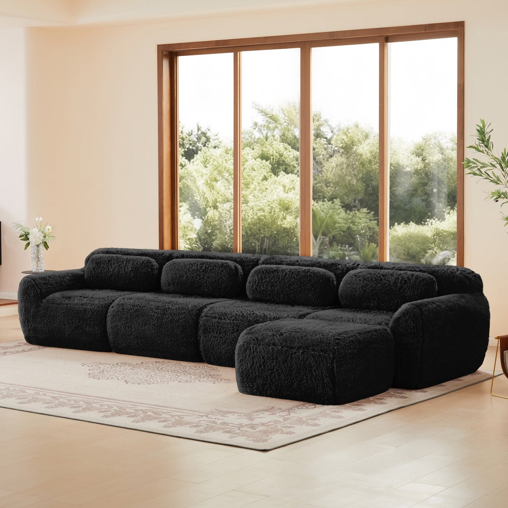 Sofa narożna, w kształcie litery L, 4-osobowa, modułowa, pluszowa, o konstrukcji leżanki, z poduszkami