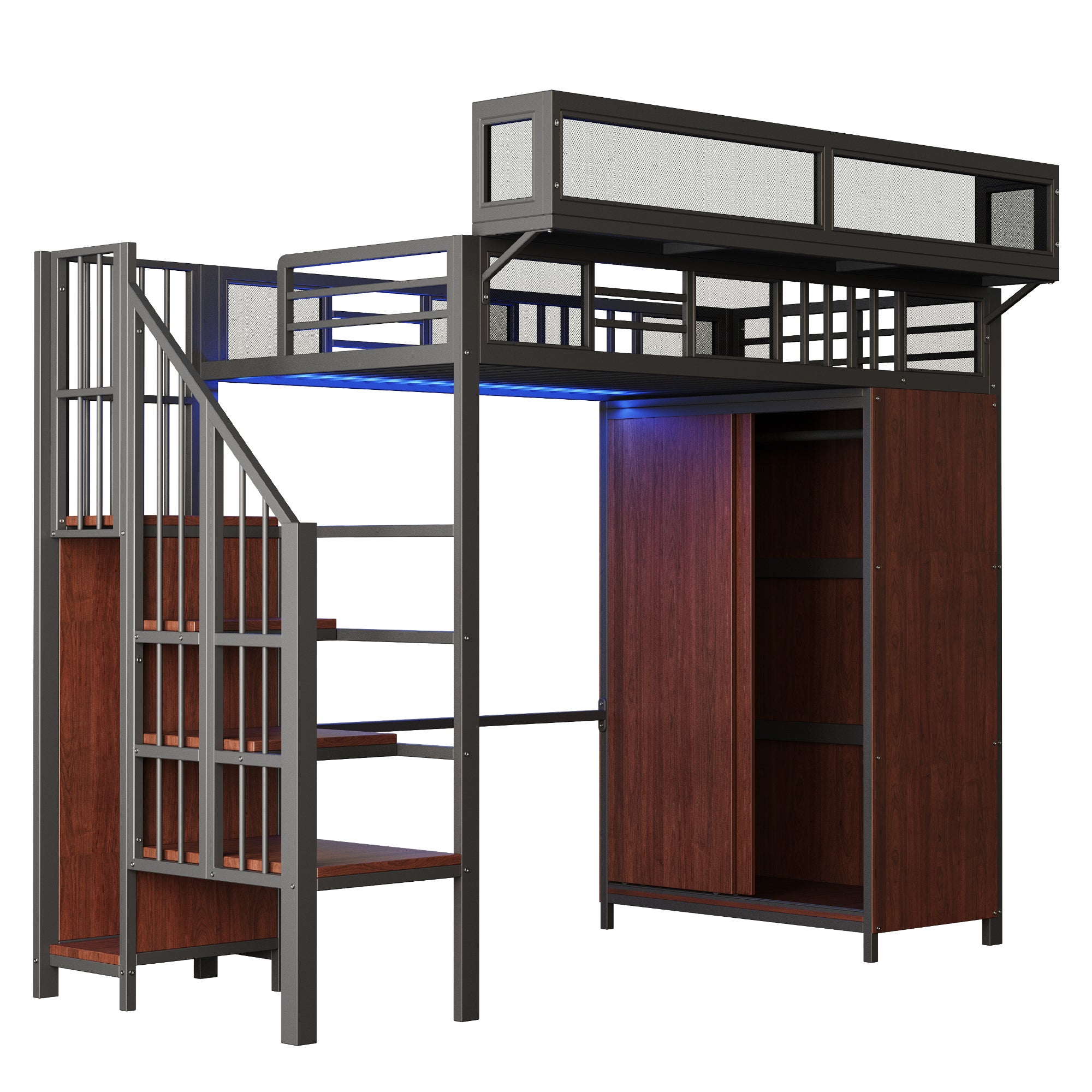 Lit mezzanine 90x200 avec armoire intégrée et éclairage LED, Lit simple avec barrières de sécurité en maille, étagères amovibles et échelle, Noir - 9