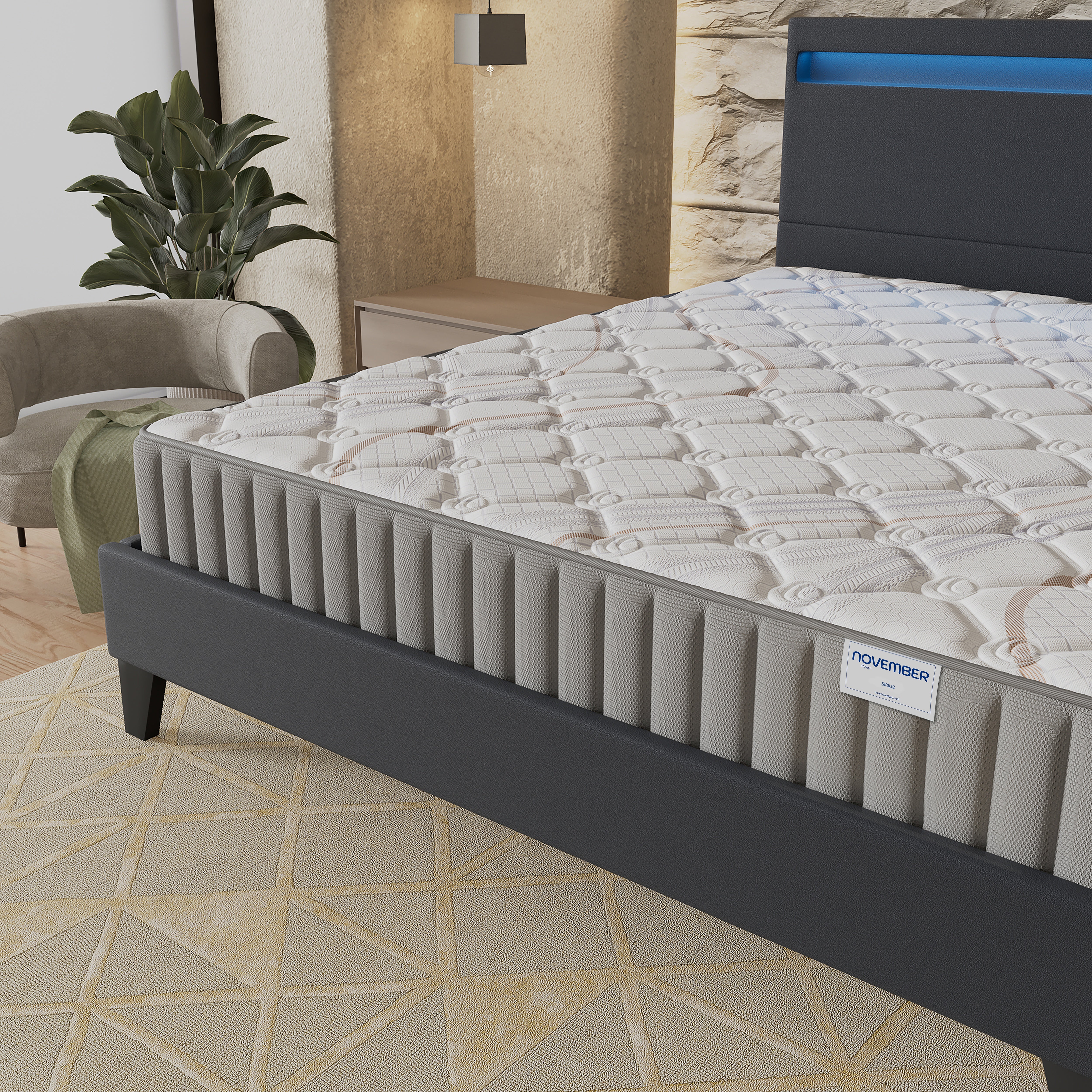 Ensemble Matelas + lit 140x200 cm, Matelas 16cm mousse, accueil latex, lit à tête de lit LED similicuir noir - 3