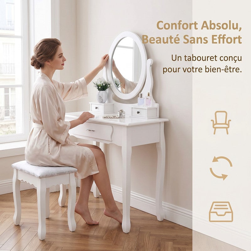 Coiffeuse Blanche avec Miroir Rotatif, Tabouret et 3 Tiroirs, Adaptée à la Chambre, 75*40*136cm, Bureau Cosmétique - 6