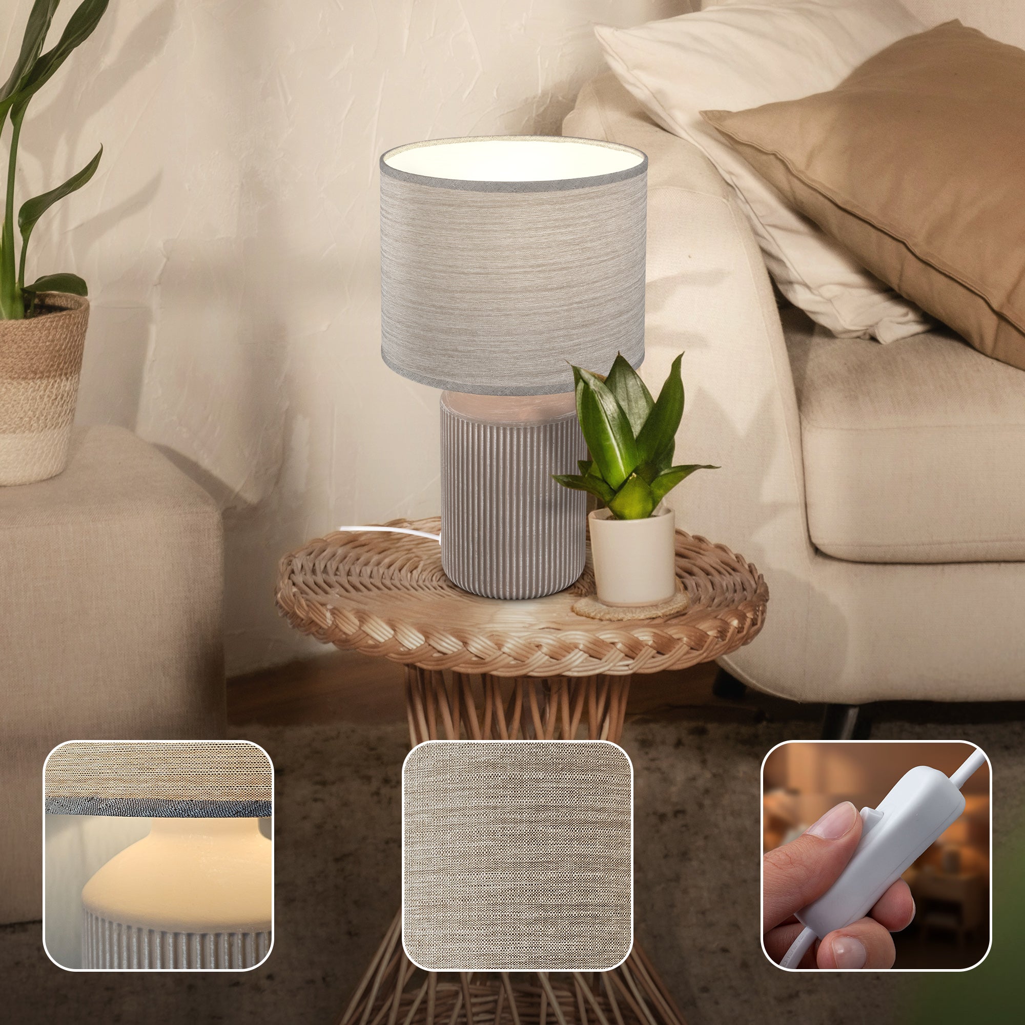 Lampe de table - avec abat-jour tissu - IP20 - D.220x375mm - E27 max. 10W - marron - avec interrupteur câble - Briloner - 3
