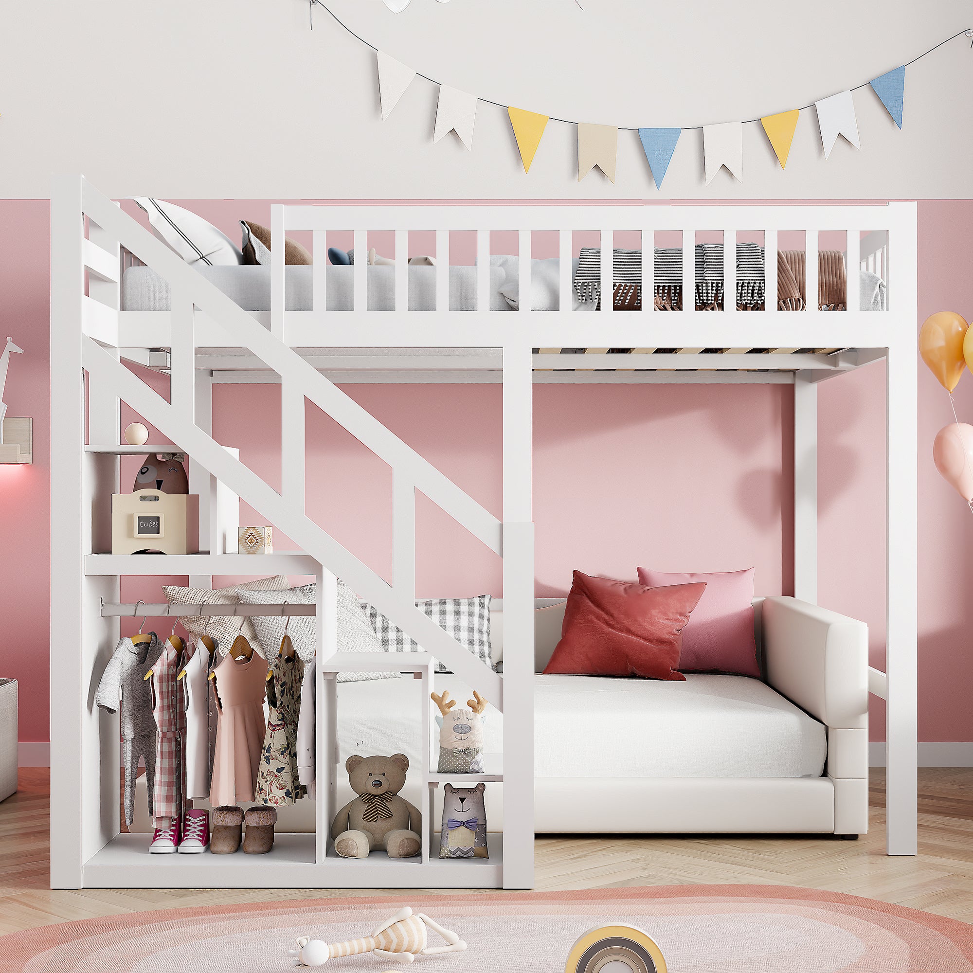 Lit Mezzanine 90 x 200 cm, Multifonction Lit Enfant avec Espace de Rangement Escalier, Blanc - 8