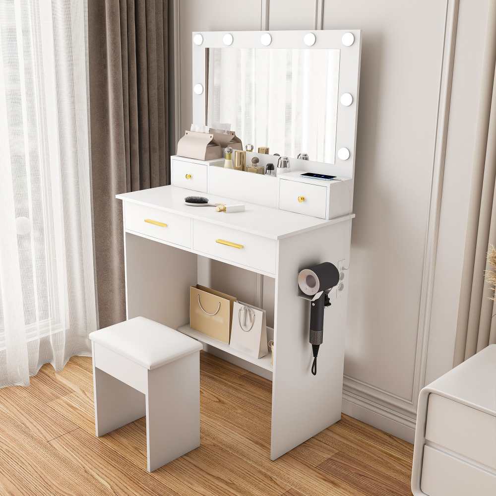 Tavolo Trucco con LED 3 Modalità, 4 Cassetti, Sgabello Incluso, Presa E Supporto Phon – Make-up e Styling - 3