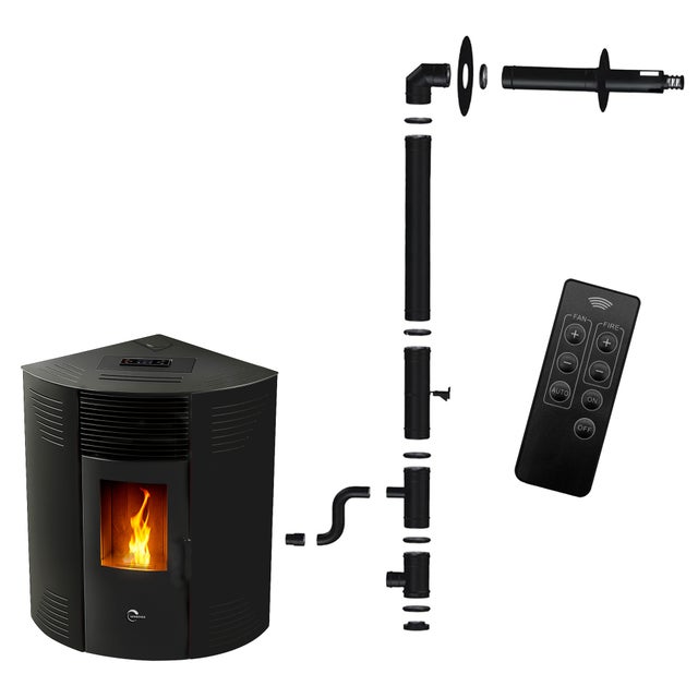 Poêle à granulés d'angle étanche Iseos 12,2 kW Noir Sannover + Kit d'installation