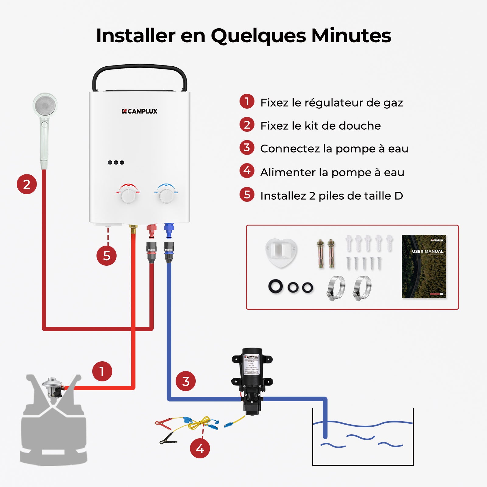 CAMPLUX AY132P43 5L Chauffe-eau à Gaz Propane (37mbar) /Butane (28-30mbar) Instantané avec Pompe à eau 4.3L [Classe énergétique A+] - 8