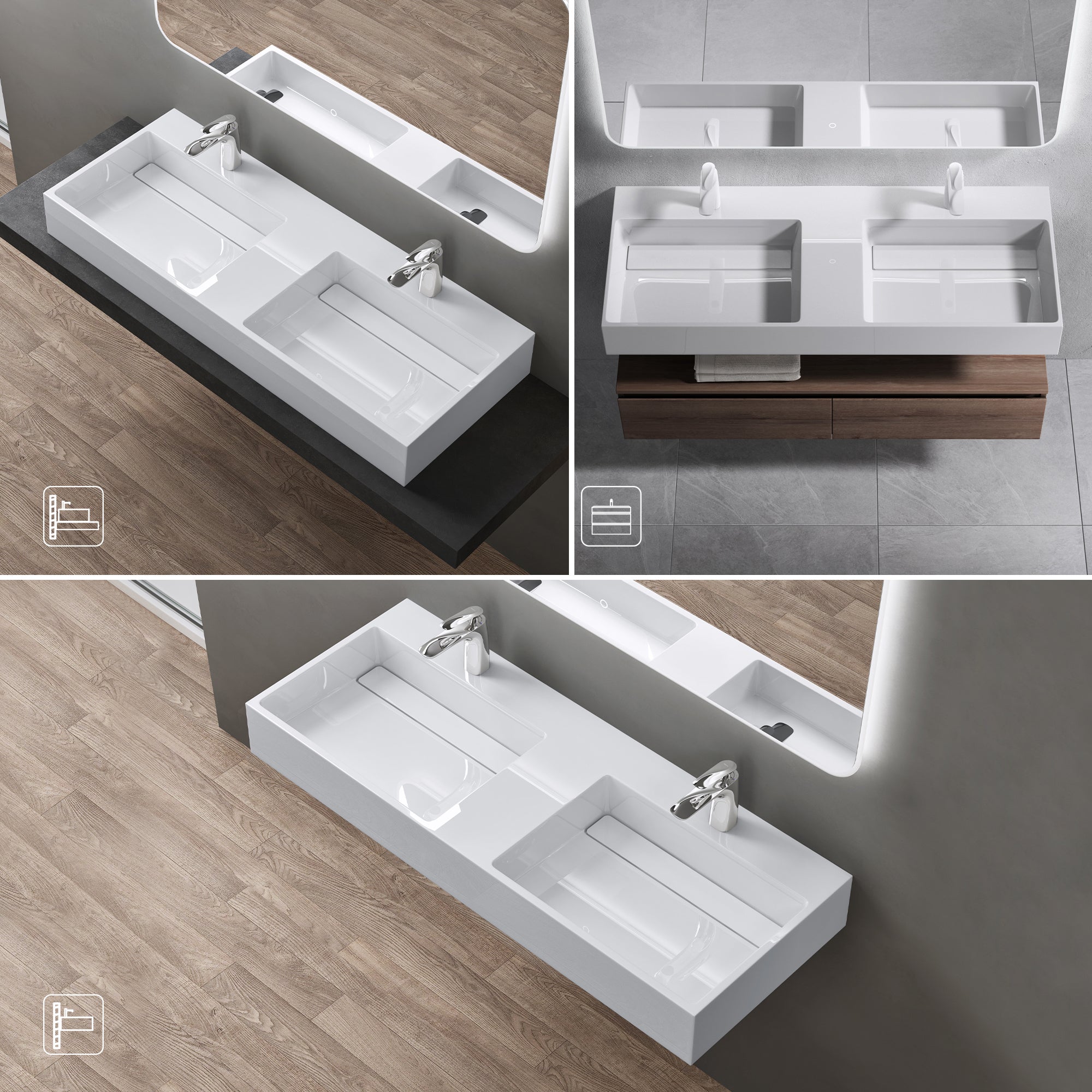 doporro Double Lavabo Suspendu Blanc 120cm Double Vasque à Poser Lave Mains Rectangulaire de Qualité pour Salle de Bain 120x48x13cm Colossum12 - 4