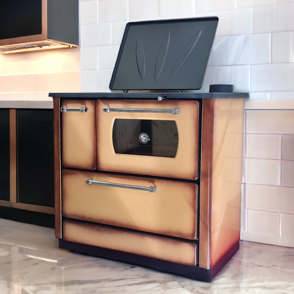 Stufa cucina riscaldamento a legna con forno struttura in acciaio 9,06 kW Popular - Beige - 4