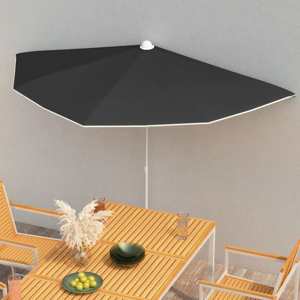 Demi-parasol de jardin avec mât 180x90 Noir - 2