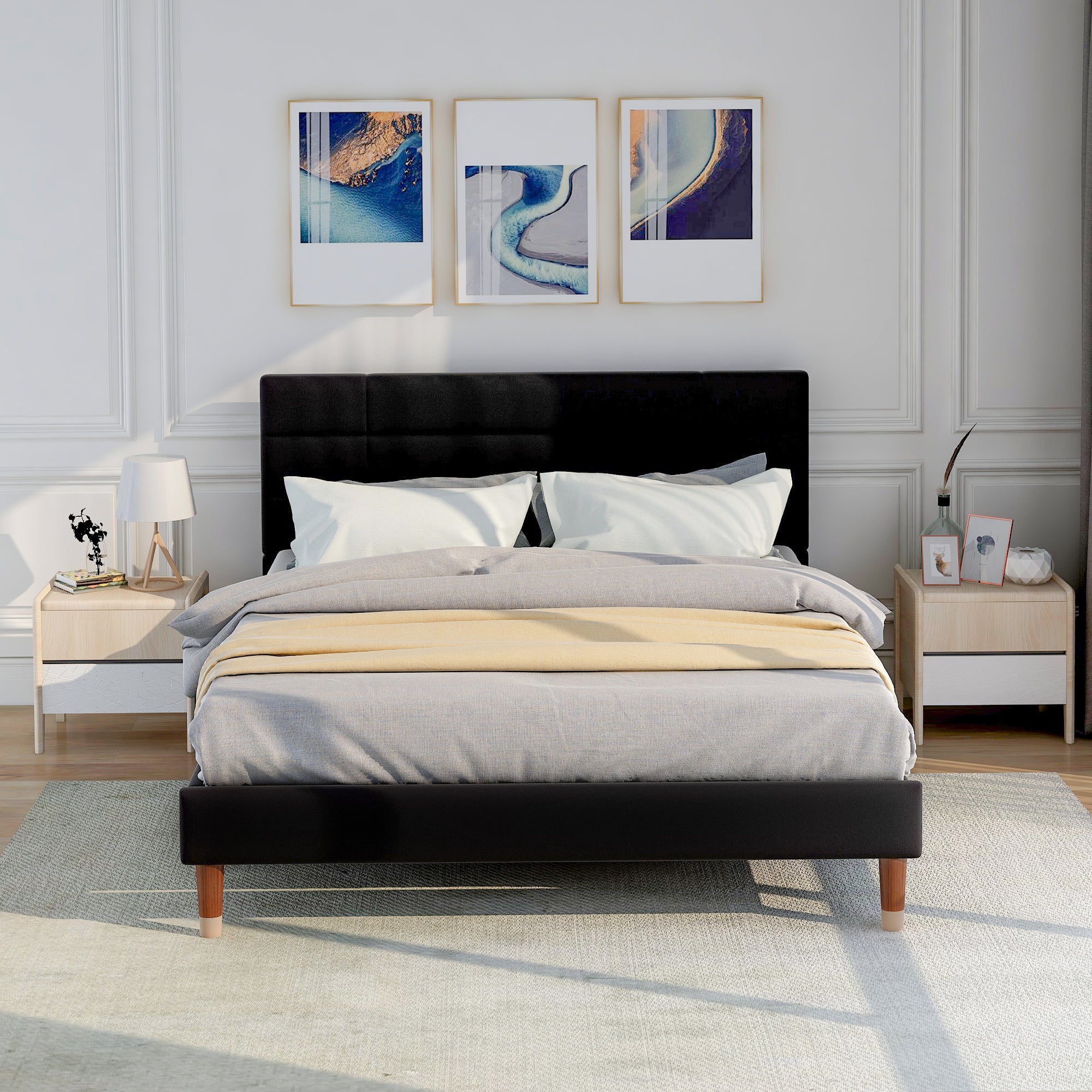 Cama con cabecero - 140 x 200 cm - tela de lino - negro - 2