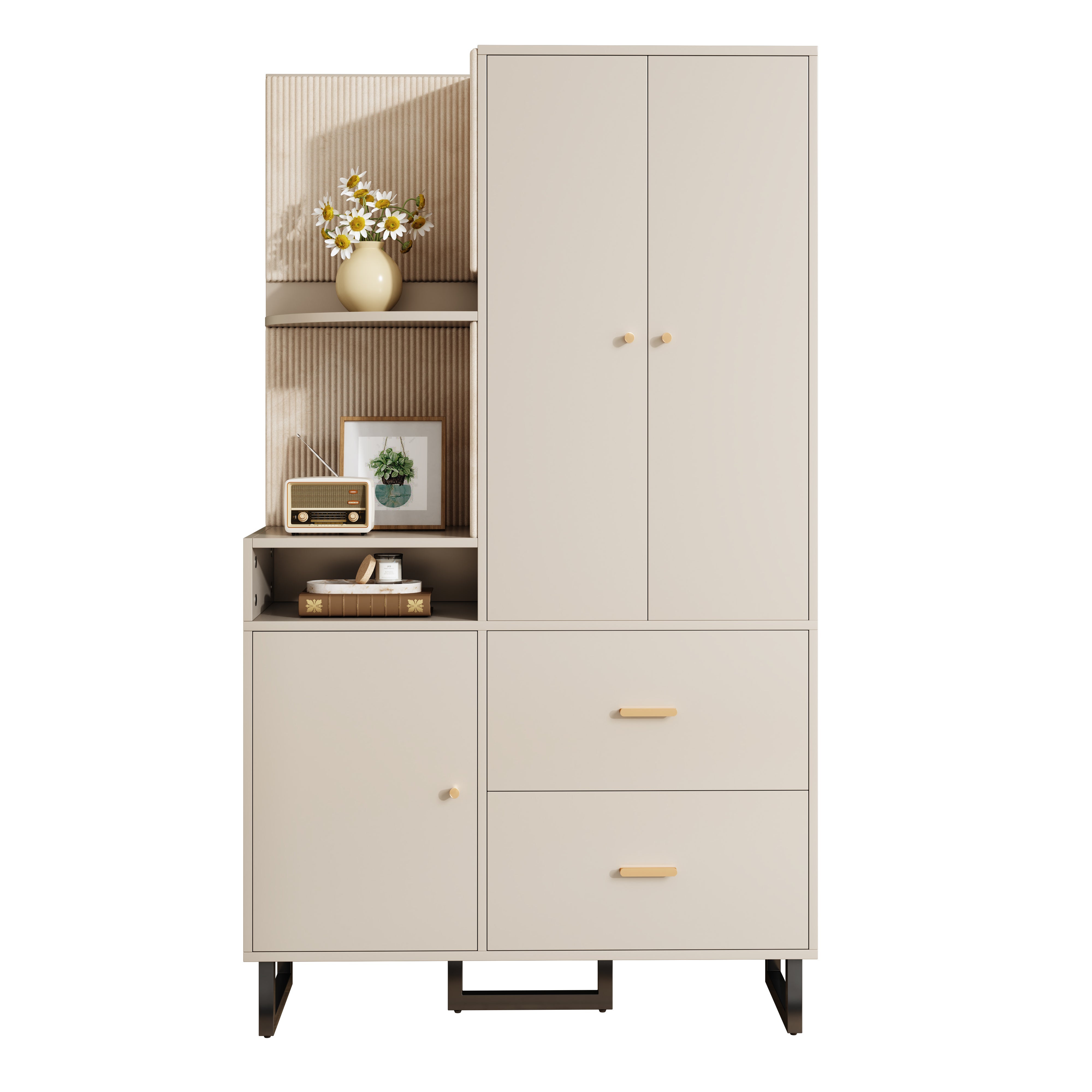 Szafa z 3 drzwiami, 2 szufladami i przegródkami - 110 x 38 x 186 cm - MDF - Beżowa