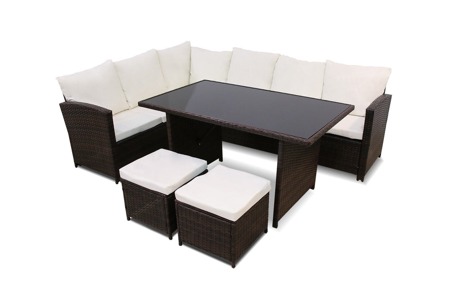 Sofa Rinconera + Mesa + 2 puffs de Ratan PE. Muebles de Jardin y Terraza, Gris - 6
