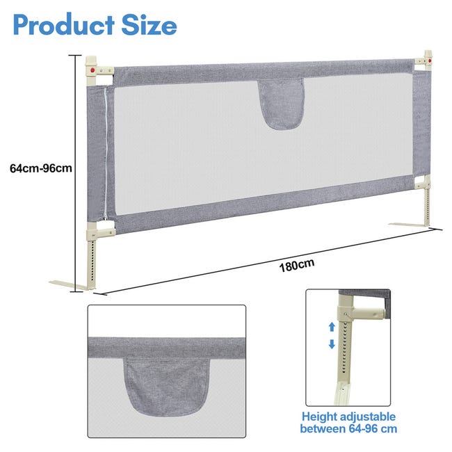 Griglia Di Protezione Per Letto 180 Cm - Regolabile In Altezza - Anti Caduta Per Bambini - Grigio - Foto 9