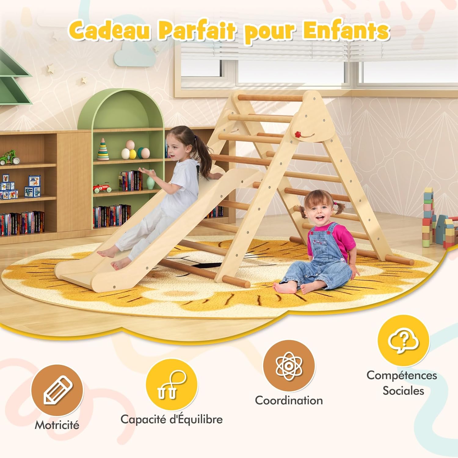 Triangle d'escalade Montessori pour Enfants avec Toboggan,Parcours Escalade Bois Pliable avec Rampe,Charge 50 KG (Naturel,Pliable) - 3