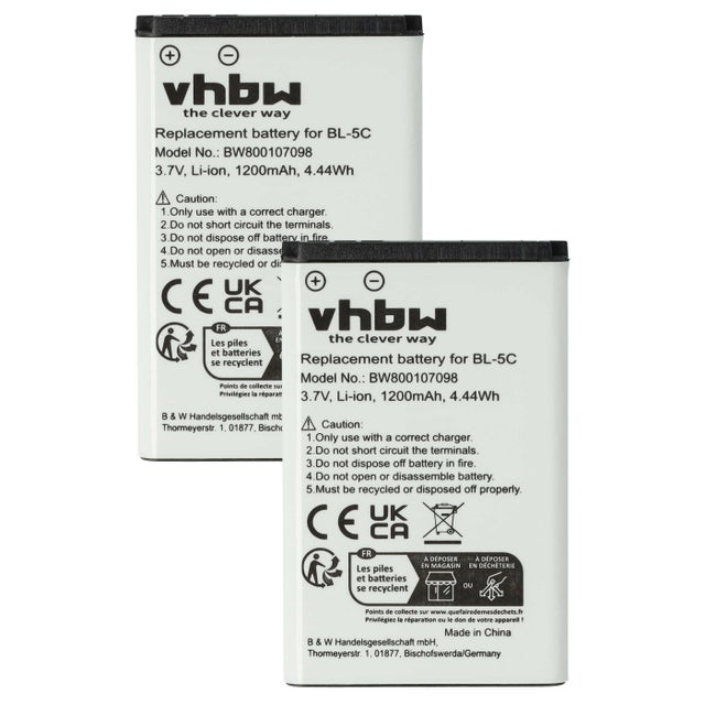 vhbw 2x batteria compatibile con Alinco DJ-CH272S, DJ-FX45, DJ-CH27B, DJ-CH27S, DJ-FX-446, DJ-FX446 smartphone cellulare (1200mAh, 3,7V, Li-Ion)