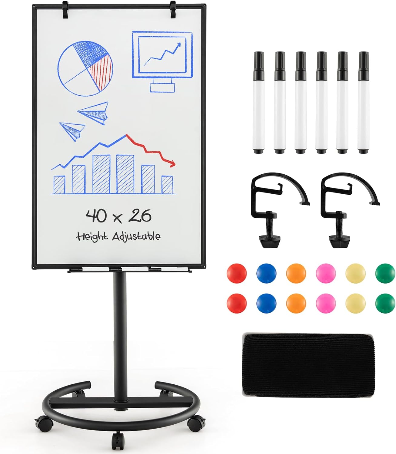 Tablica Suchościeralna 65 x 100 cm, Mobilna Tablica Magnetyczna z Regulowaną Wysokością Stojaka, Kompletne Akcesoria (Czarny)