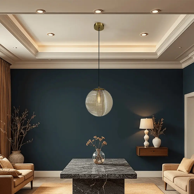 DekoArte - Lámpara colgante esfera ámbar en cristal y metal cuero – 1 luz E27 – Altura regulable hasta 120 cm