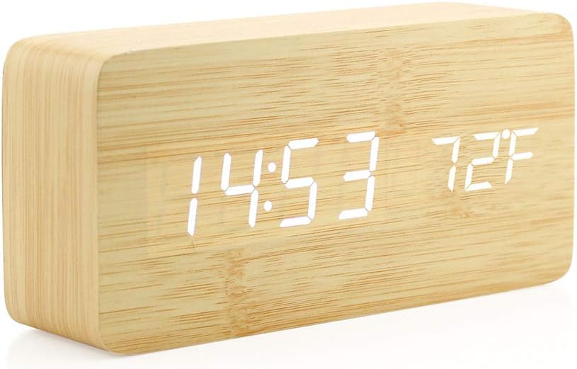 Réveil LED En Bois Hornbill - Commande Vocale, Chargeur Sans Fil, Température - 2024