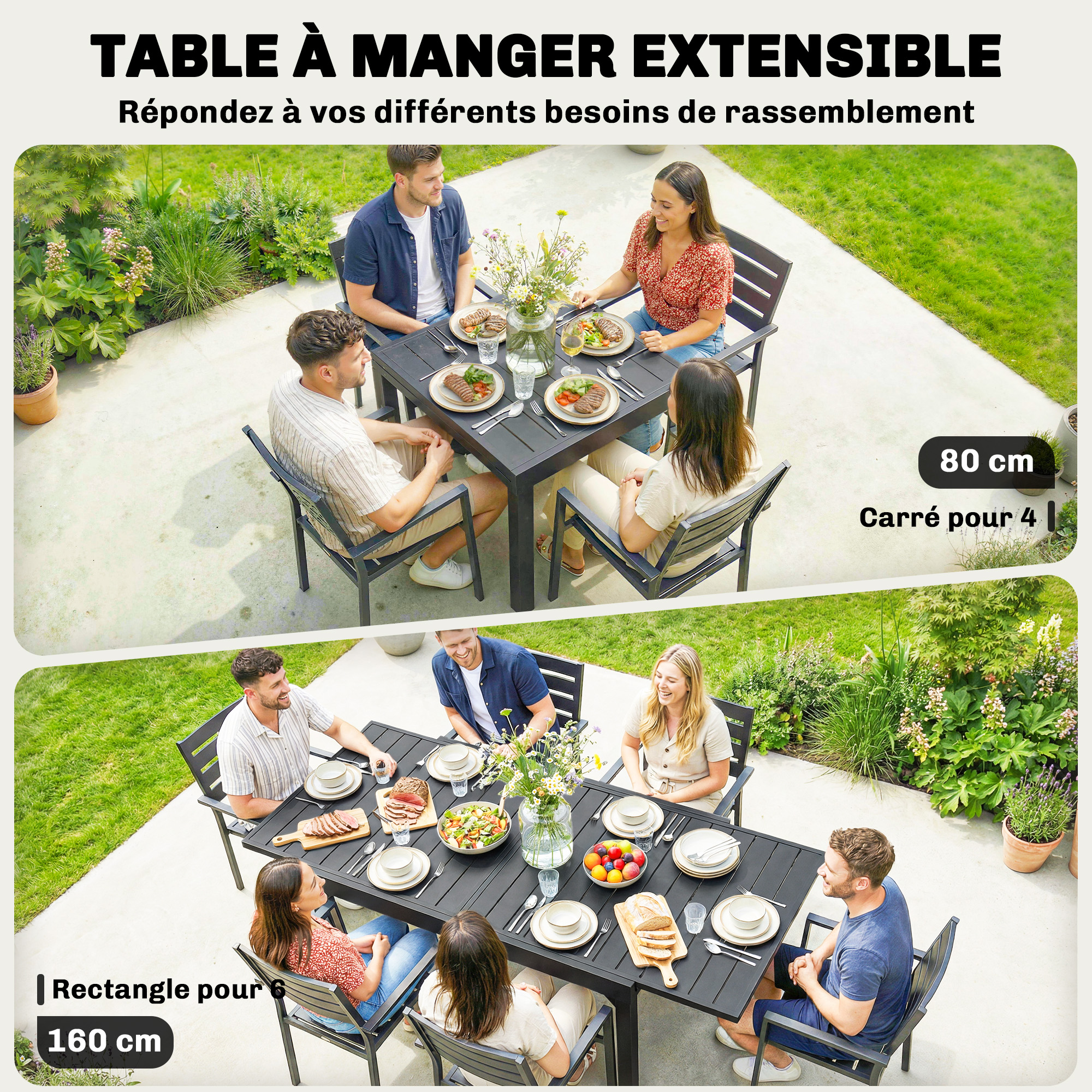 Table de jardin extensible rectangulaire en Aluminium Noir 6 places - 4