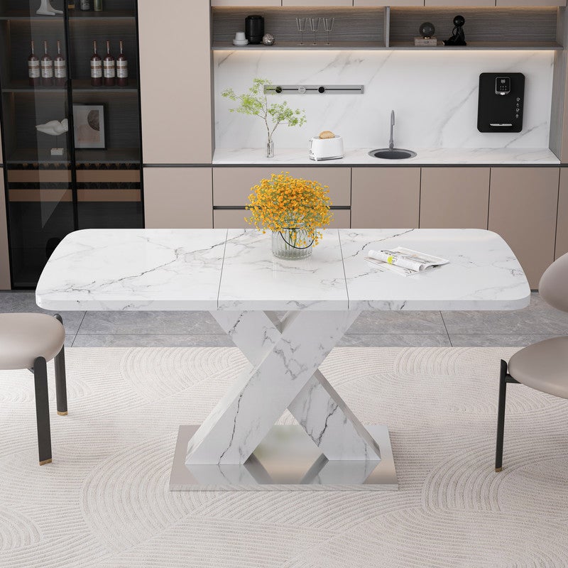 Table a Manger Extensible rectangulaire 120-160cm,Table de Bar Extensible avec plateau en marbre blanc imprimé et pieds en X - 3