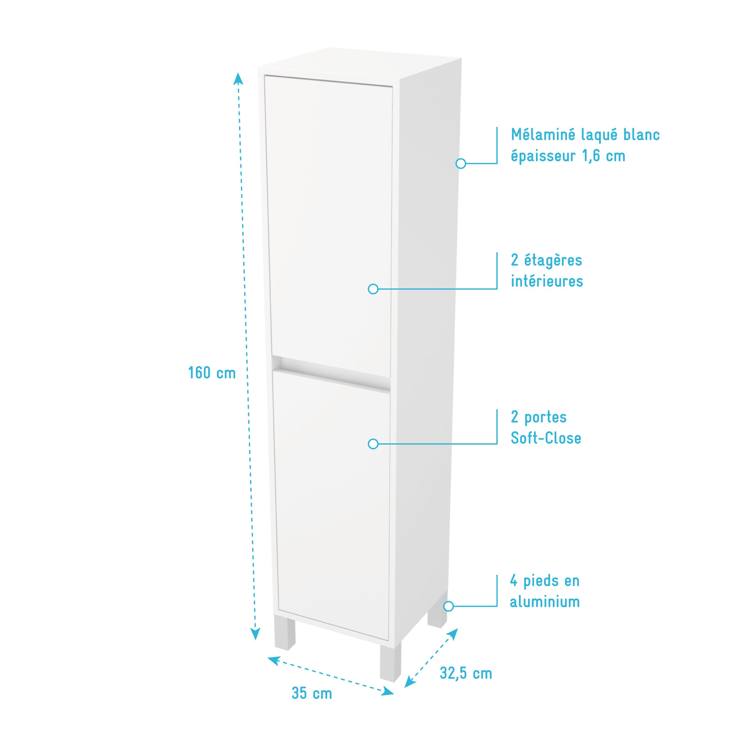Colonne de rangement Blanc Laqué sur Pieds - Hauteur 160 cm - 2 Portes - XENOS - 4