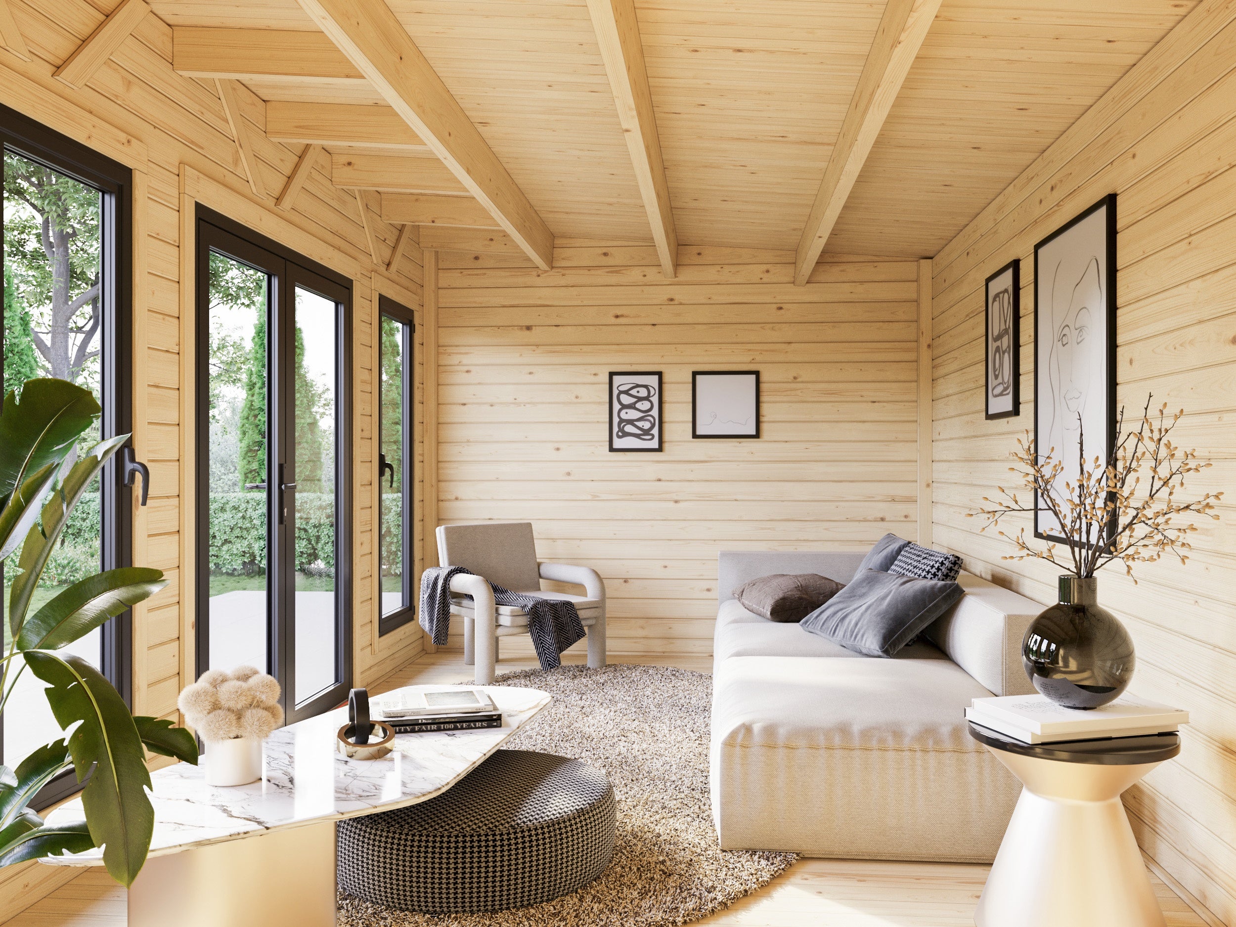 Studio de jardin en bois avec pergola Aurelia - PALMAKO - Ep.44 mm - 833x300 cm - 24,2 m² - Double vitrage trempé - 3